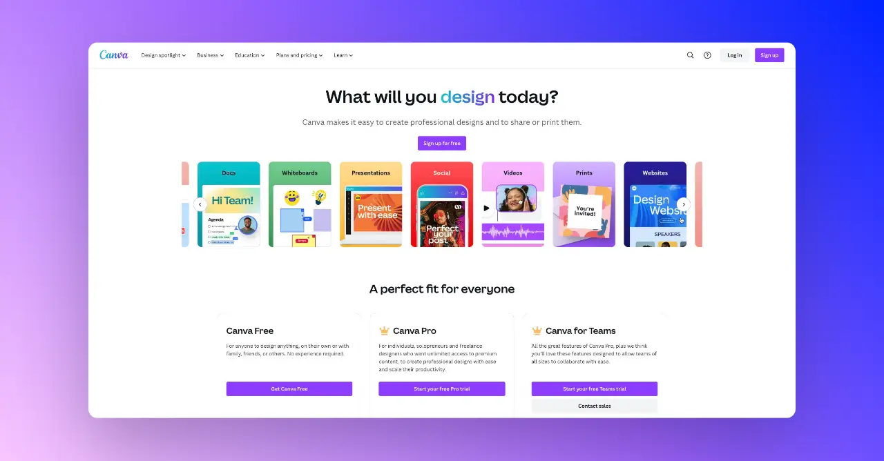 The homepage of a website with a purple background created using Canva.